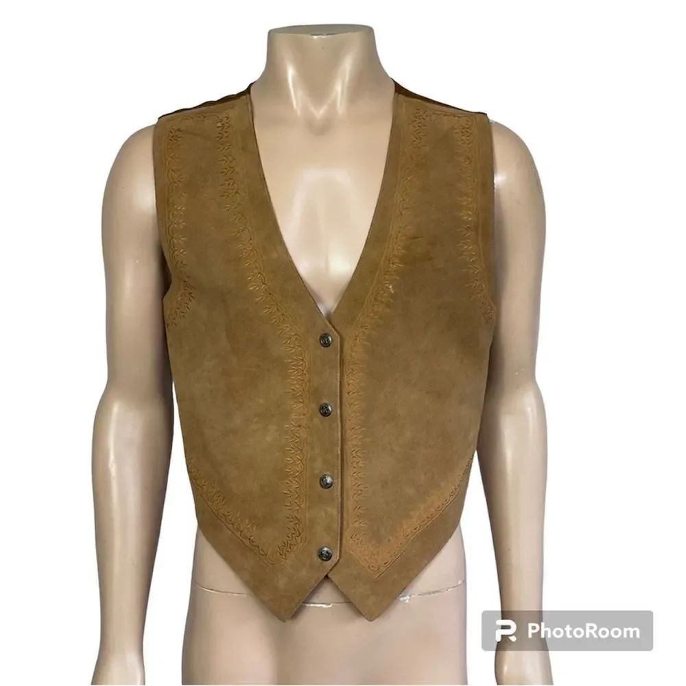 Vintage Karans Kollection Men's Tan Suede Leather Embroidered Vest Size Large
